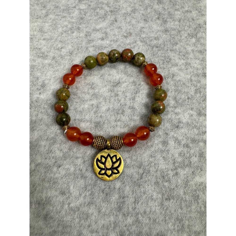 Shivam Unakite Red Jasper Gemstone with Brass Lotus Flower and Beading No Box